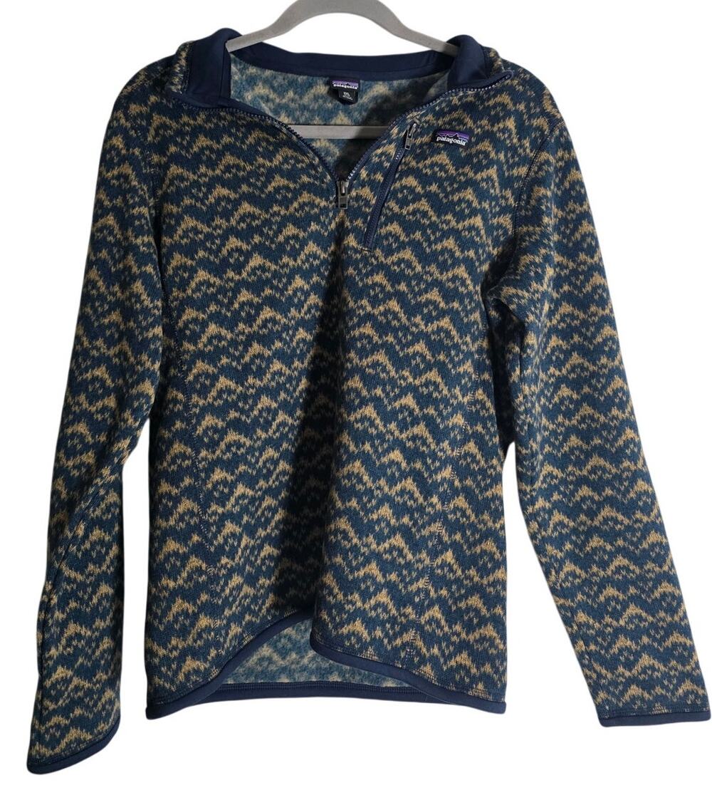Patagonia Womens XXL Blue Tan Pattern Fleece 1/4 Zip Pullover Lightweight Hiking